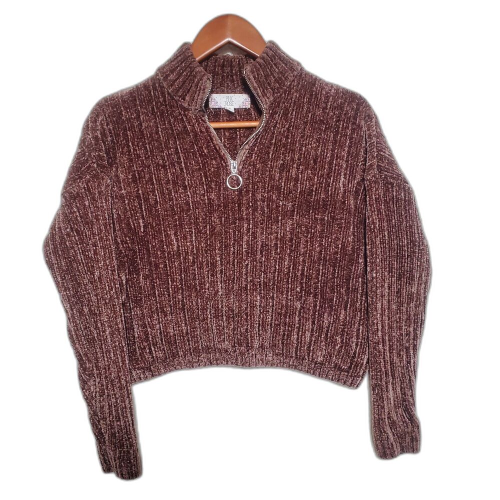 Brown~Velour~Ribbed~Long Sleeved~Half Zipper~Short~Sweater~Pink Rose~Size Medium